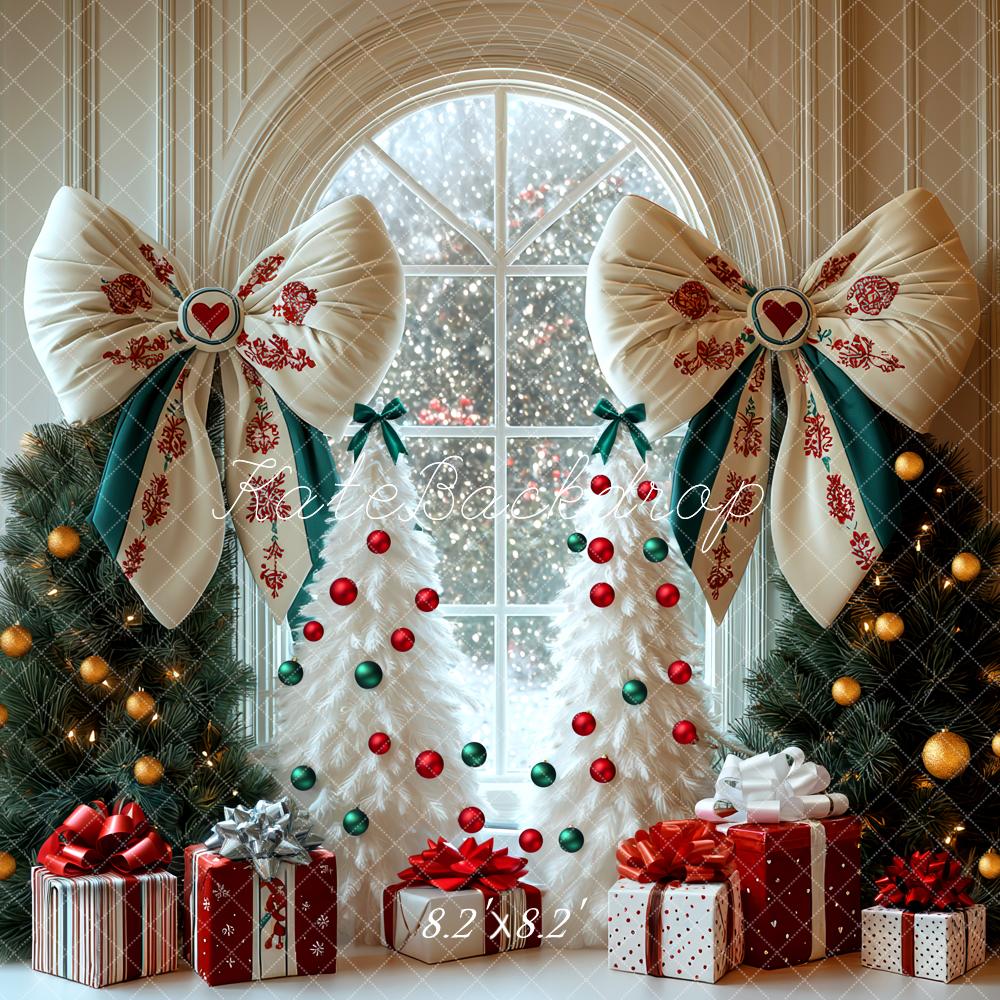 Kate Christmas Trees Large Folk Bows Gift Arched Window Backdrop Designed by Mini MakeBelieve