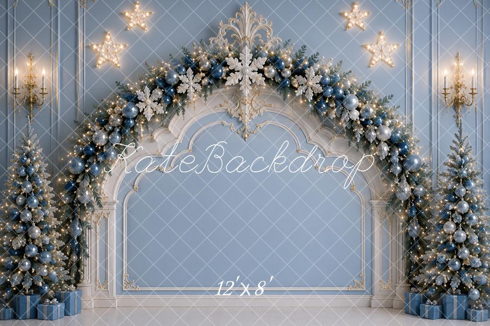 Kate Christmas Headboard Blue Arch Garland Trees Snowflakes Printed Backdrop Designed by Caitlin Lynch