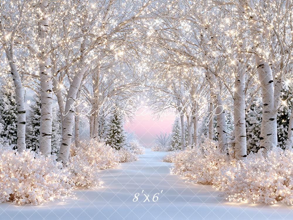 Kate Winter Wonderland Snowy Birch Forest Lights Path Printed Backdrop Designed by Angela Miller