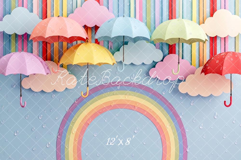 Kate Rainbow Umbrellas Clouds Raindrops Light Blue Printed Backdrop Designed by Angela Miller