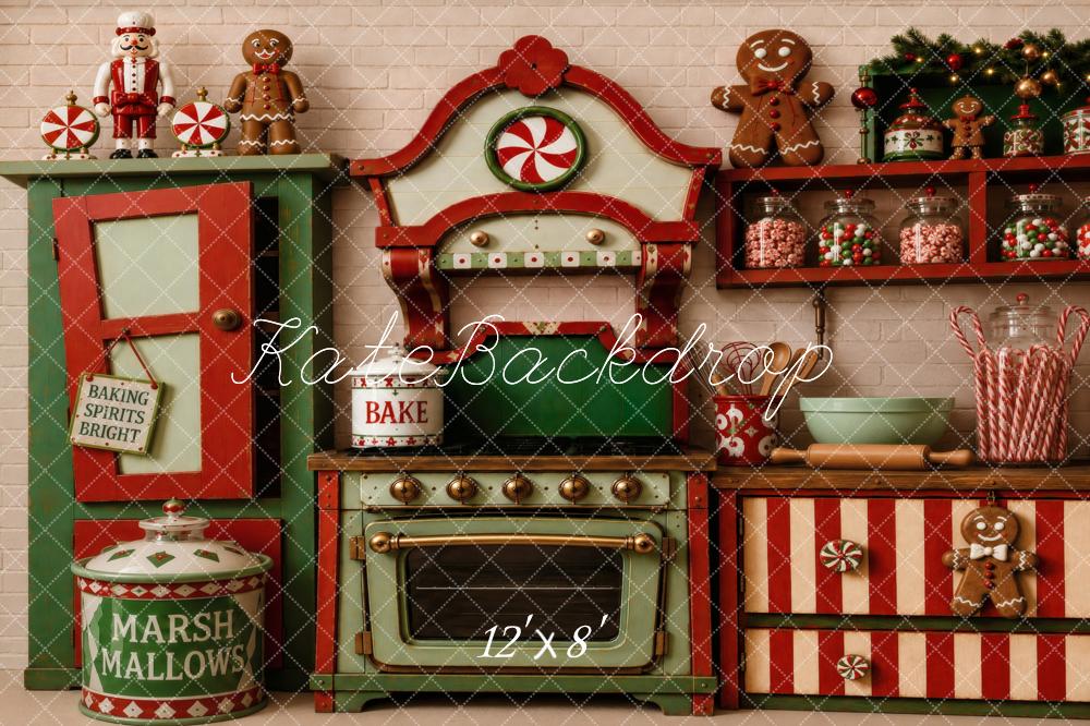 Kate Christmas Gingerbread Kitchen Candy Cane Cabinet Oven Printed Backdrop Designed by Vertigo Productions