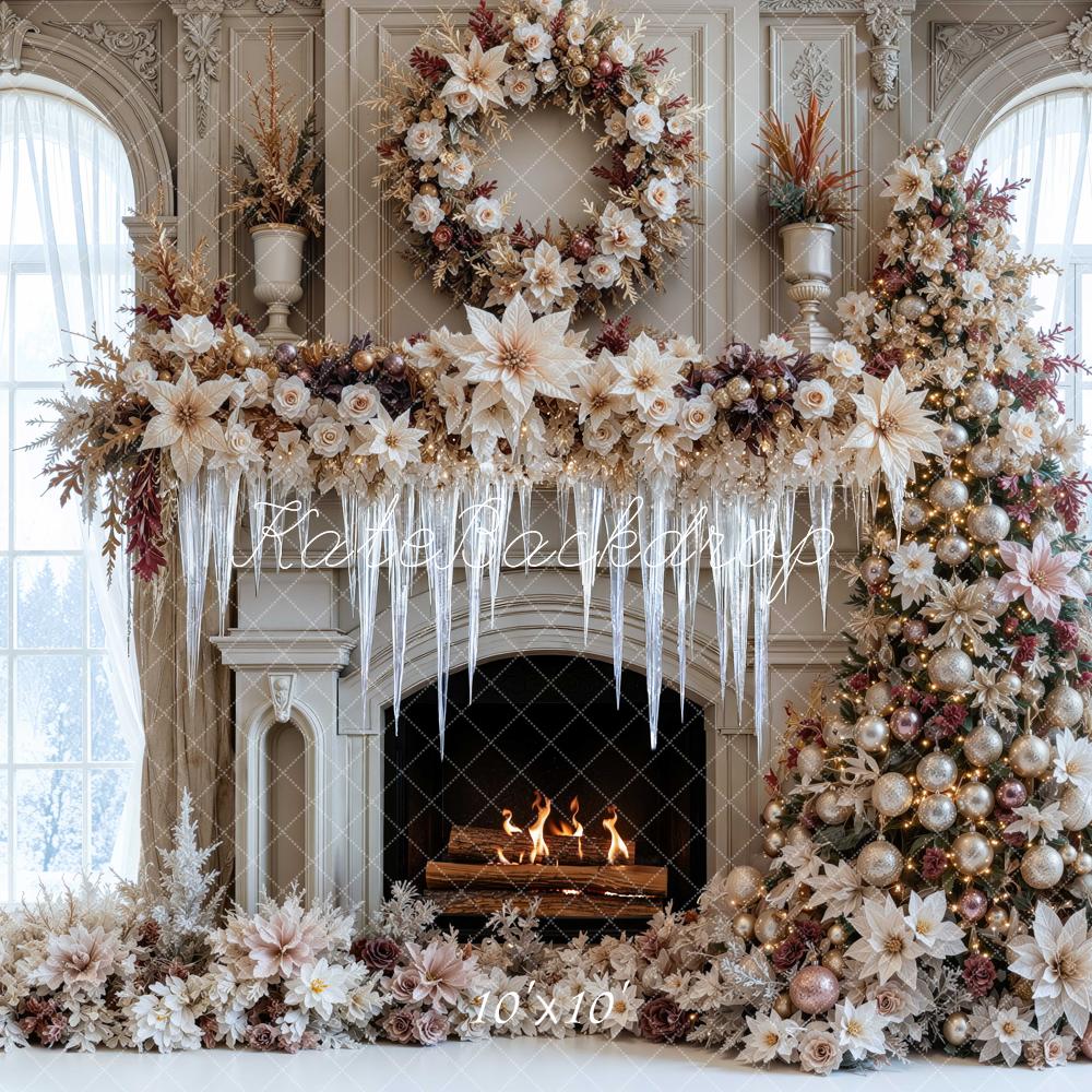 Kate Christmas Tree Poinsettia Frozen Fireplace Wreath Arch Printed Backdrop Designed by Mini MakeBelieve