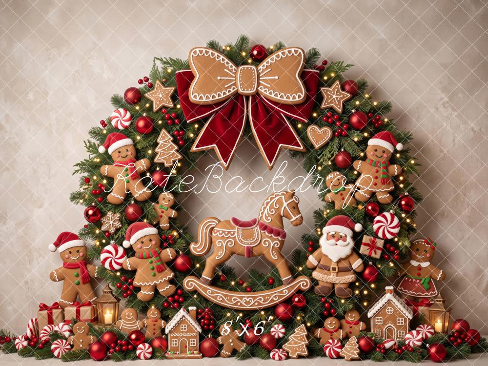 Kate Christmas Gingerbread Cookies Arch Wreath Rocking Horse Printed Backdrop Designed by Patty Roberts