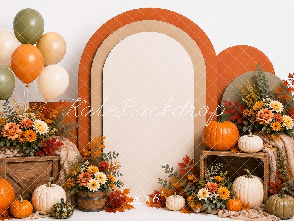 Kate Fall Cake Smash Pumpkins Floral Arch Balloons Printed Backdrop Designed by Shutter Swan Studios