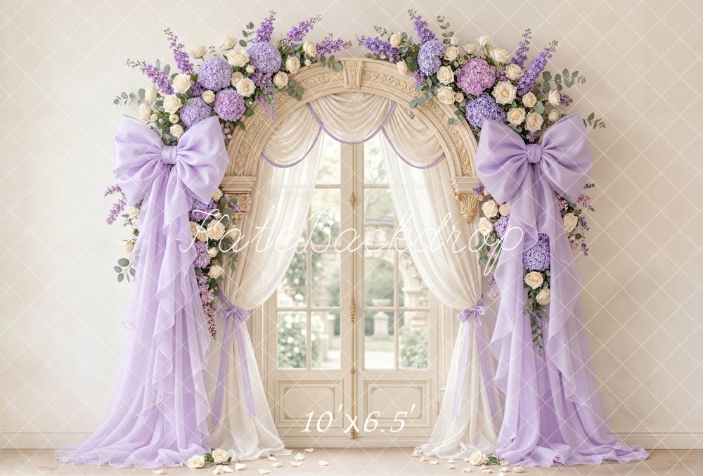 Kate Mother's Day Flower Arch Purple Bow Drapes Window Printed Backdrop Designed by Emetselch