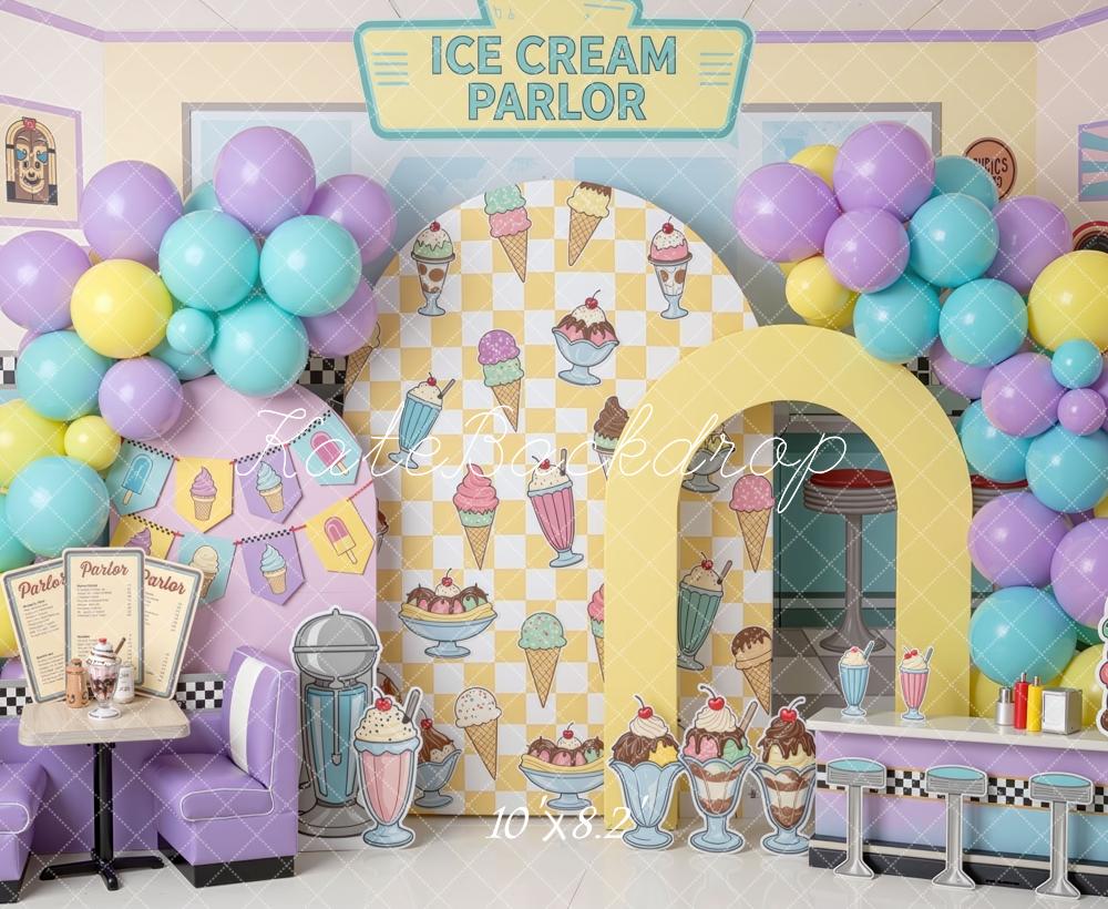 Kate Cake Smash Ice Cream Parlor Pastel Balloons Diner Booth Printed Backdrop Designed by Mini MakeBelieve