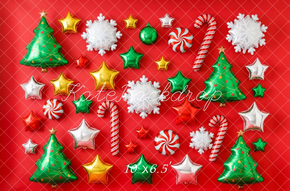 Kate Christmas Balloons Tree Candy Cane Star Snowflake Red Printed Backdrop Printed Backdrop Designed by Patty Roberts