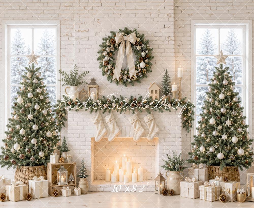 Kate Christmas Trees White Brick Fireplace Wreath Printed Backdrop Designed by Emetselch