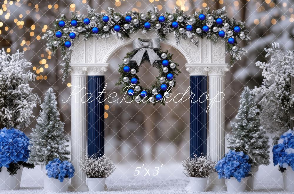 Kate Christmas Arch Blue Silver Wreath Snow Trees Backdrop Designed by Mini MakeBelieve