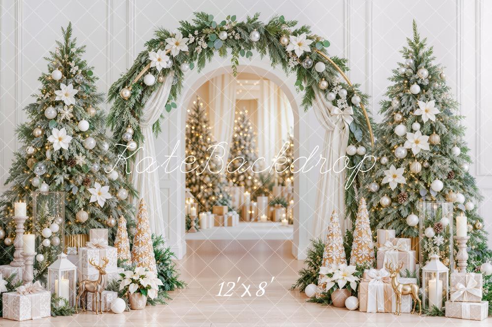 Kate Christmas Poinsettia Greenery Arch Decorated Trees Printed Backdrop Designed by Mini MakeBelieve