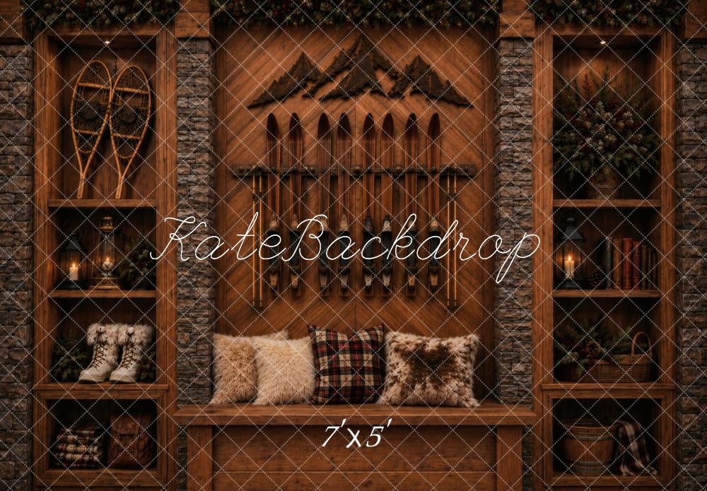 Kate Rustic Ski Lodge Shelves Fur Pillows Printed Backdrop Designed by Vertigo Productions
