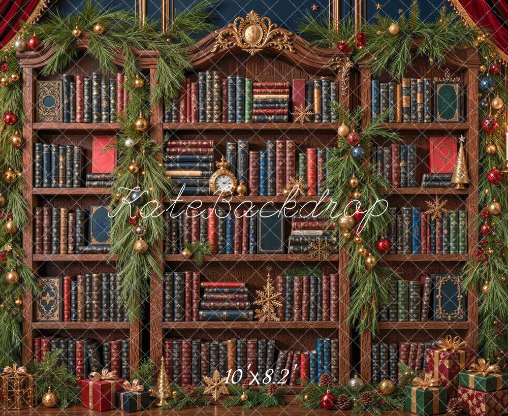 Kate Christmas Vintage Library Bookshelf Garland Printed Backdrop Designed by Mini MakeBelieve