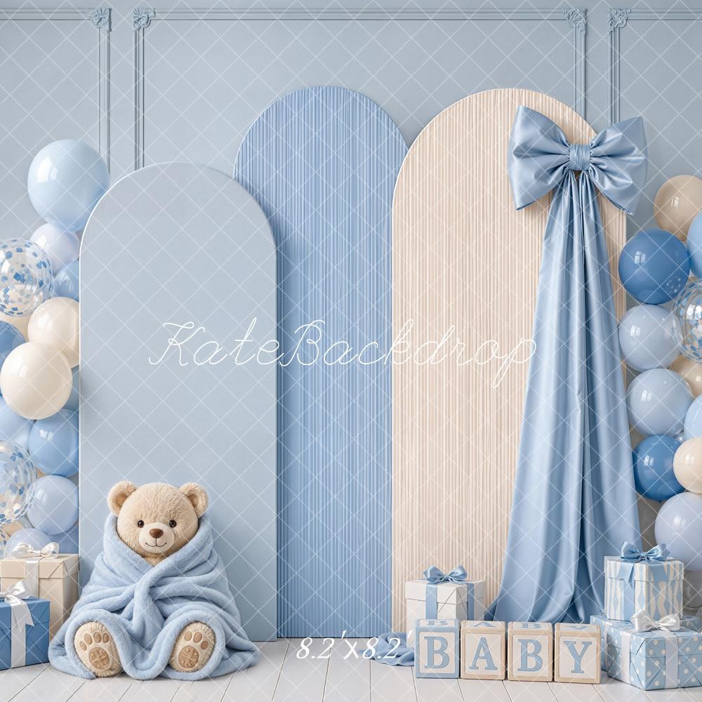 Kate Cake Smash Blue Teddy Bear Balloon Arch Bow Printed Backdrop Designed by Emetselch
