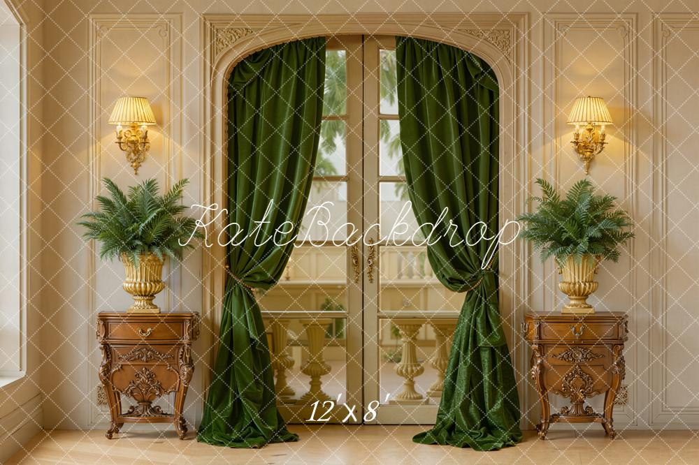 Kate Spring Indoor Green Curtain French Door Cabinet Backdrop Designed by Emetselch