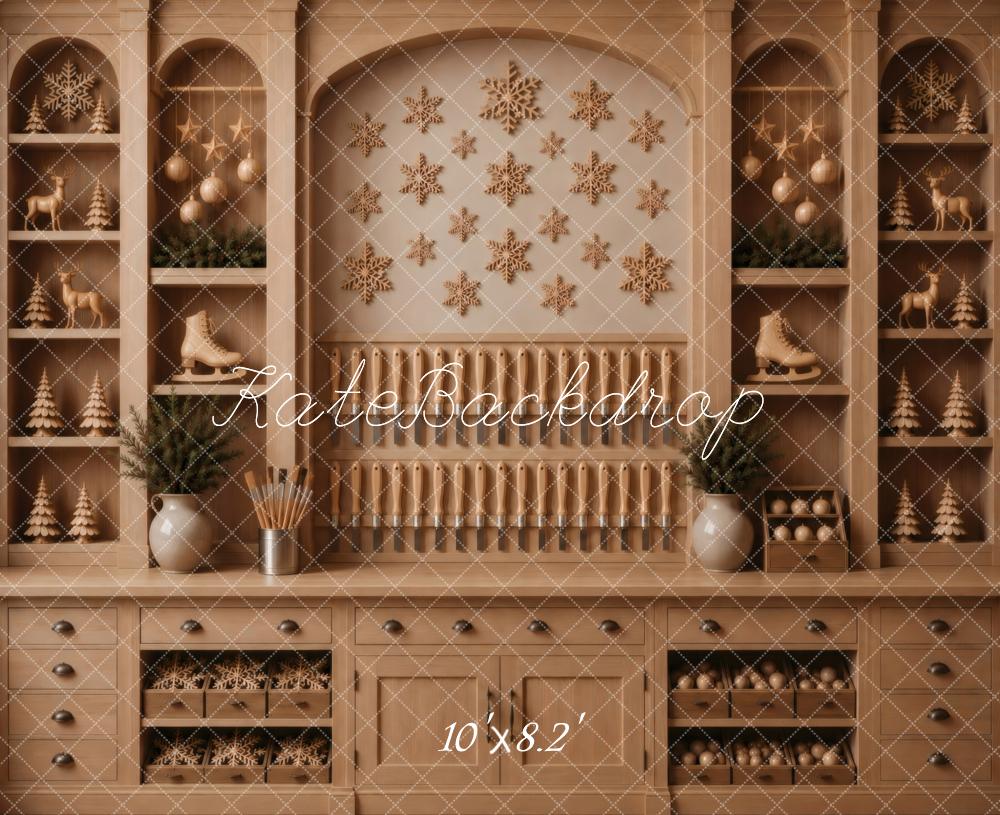 Kate Christmas Brown Cabinet Snowflakes Ornaments Trees Printed Backdrop Designed by Vertigo Productions
