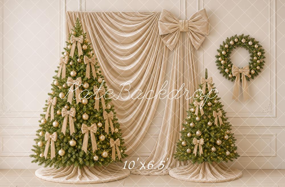 Kate Christmas Tree Gold Bow Wreath Draped Curtain Printed Backdrop Designed by Emetselch