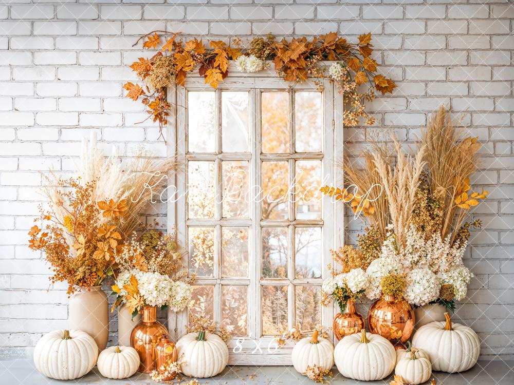 Kate Fall White Pumpkins Rustic Window Dried Flowers Vase Backdrop Designed by Emetselch
