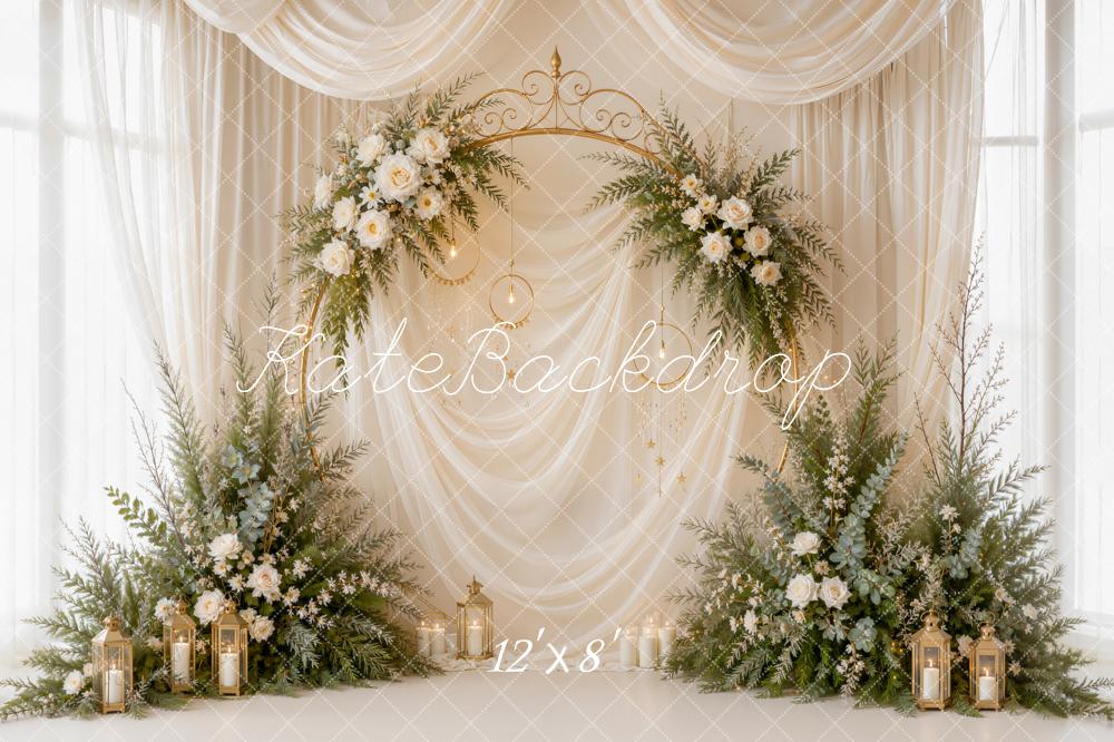 Kate Romantic White Floral Arch Gold Sheer Drapes Printed Backdrop Designed by Emetselch