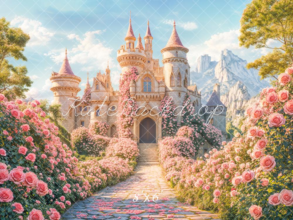 Fondo de castillo de hadas soñador con camino floral diseñado por Emetselch
