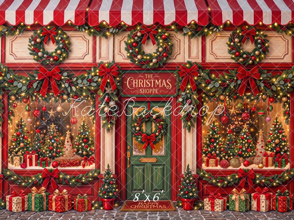 Kate Christmas Storefront Wreaths Gift Boxes Red Striped Awning Bow Printed Backdrop Designed by Angela Miller