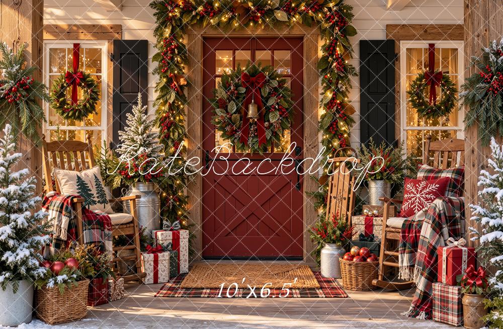 Kate Christmas Porch Garland Wreath Chair Plaid Rustic Printed Backdrop Designed by Shutter Swan Studios