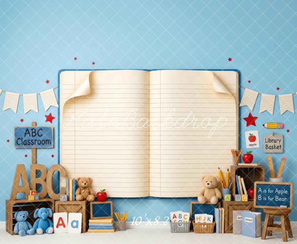 Kate Back To School Blue Classroom ABC Open Book Printed Backdrop Designed by Patty Roberts