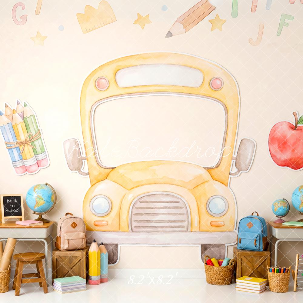 Kate Back to School Yellow School Bus Classroom Supplies Printed Backdrop Designed by Patty Roberts
