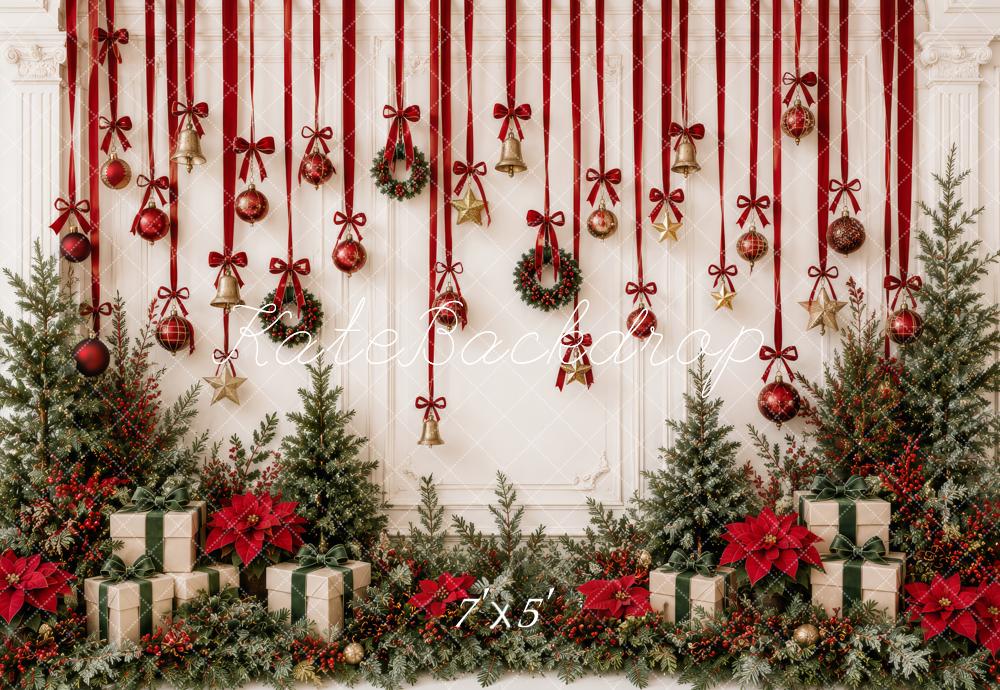 Kate Christmas Red Ribbon Bells Ornaments Greenery Gifts Printed Backdrop Designed by Patty Roberts