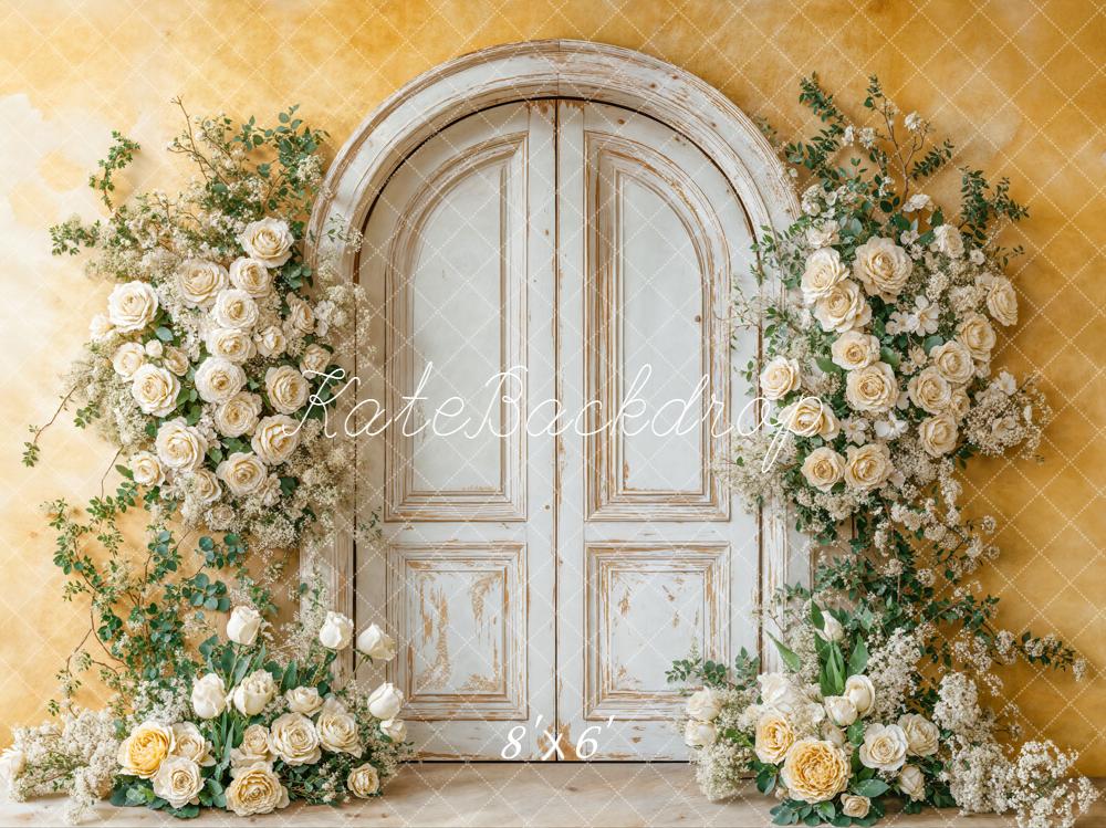 Kate Spring Flower Arch White Vintage Door Yellow Wall Backdrop Designed by Chain Photography