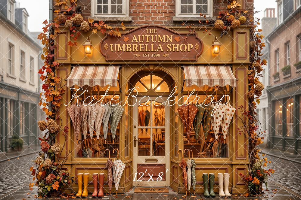 Kate Fall Umbrella Shop Storefront Street Printed Backdrop Designed by Patty Roberts