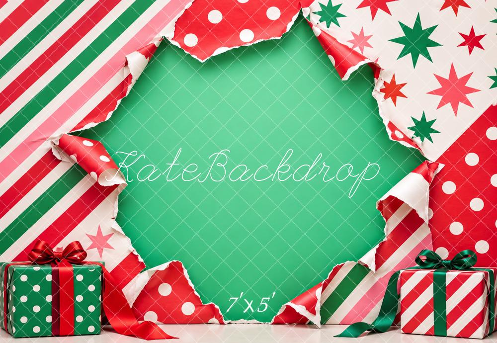 Kate Christmas Torn Wrapping Paper Gift Boxes Green Printed Backdrop Designed by Vertigo Productions