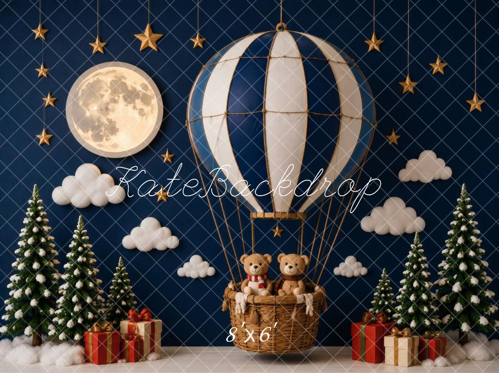 Kate Christmas Hot Air Balloon Full Moon Teddy Bear Printed Backdrop Designed by Vertigo Productions