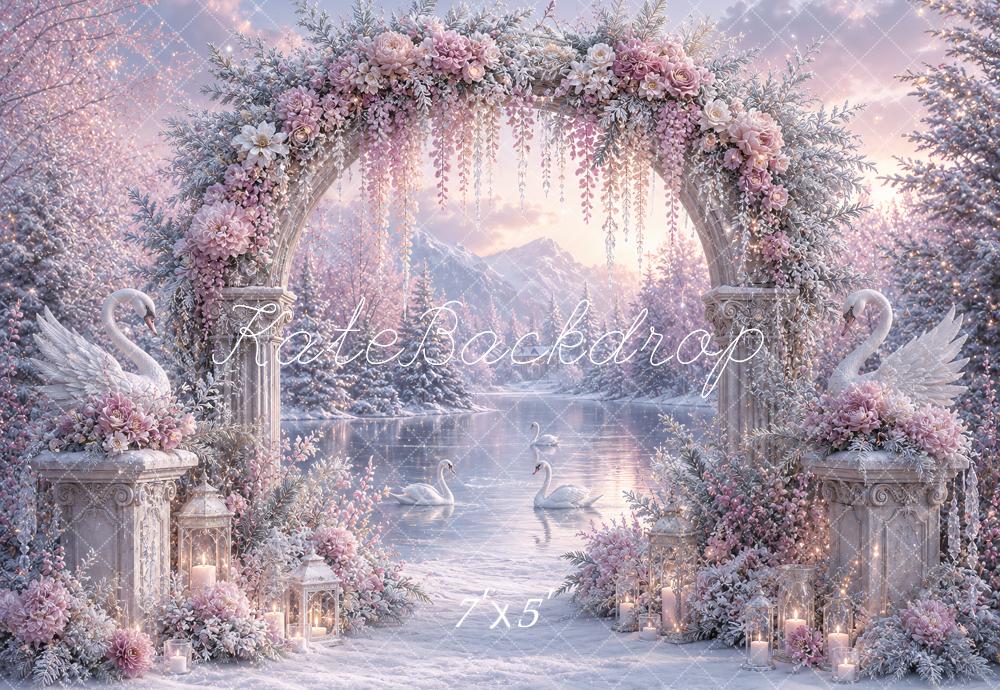 Kate Winter Wonderland Lavender Flower Arch Swan Lake Printed Backdrop Designed by Ashley Paul
