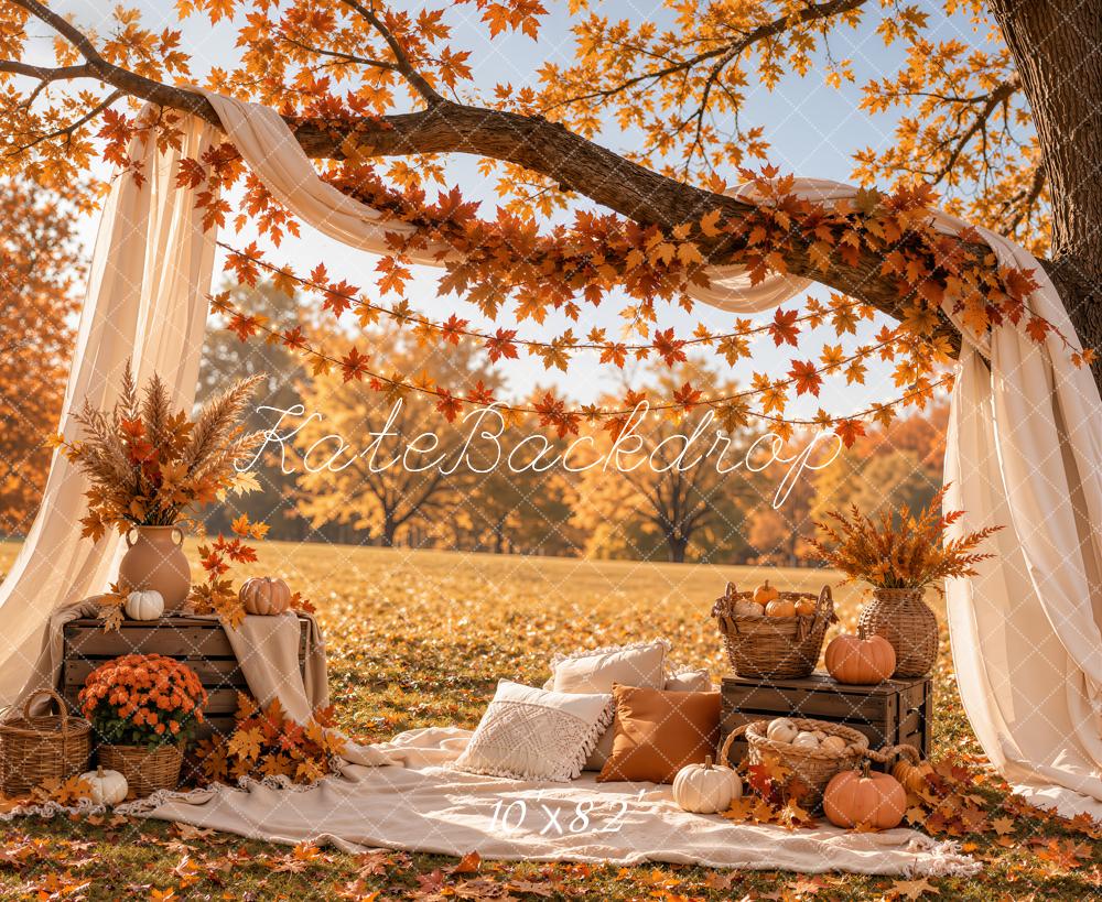 Kate Fall Orange Pumpkin Draped Canopy Printed Backdrop Designed by Emetselch