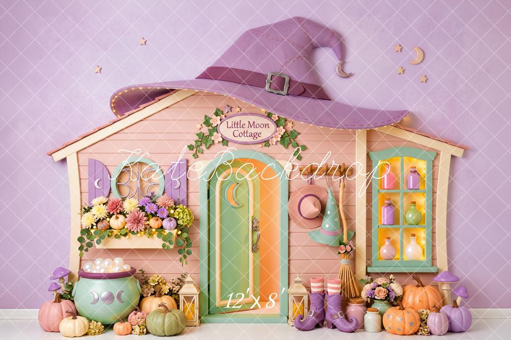 Kate Halloween Purple Witch Cottage Pumpkins Kids Printed Backdrop Designed by Patty Roberts