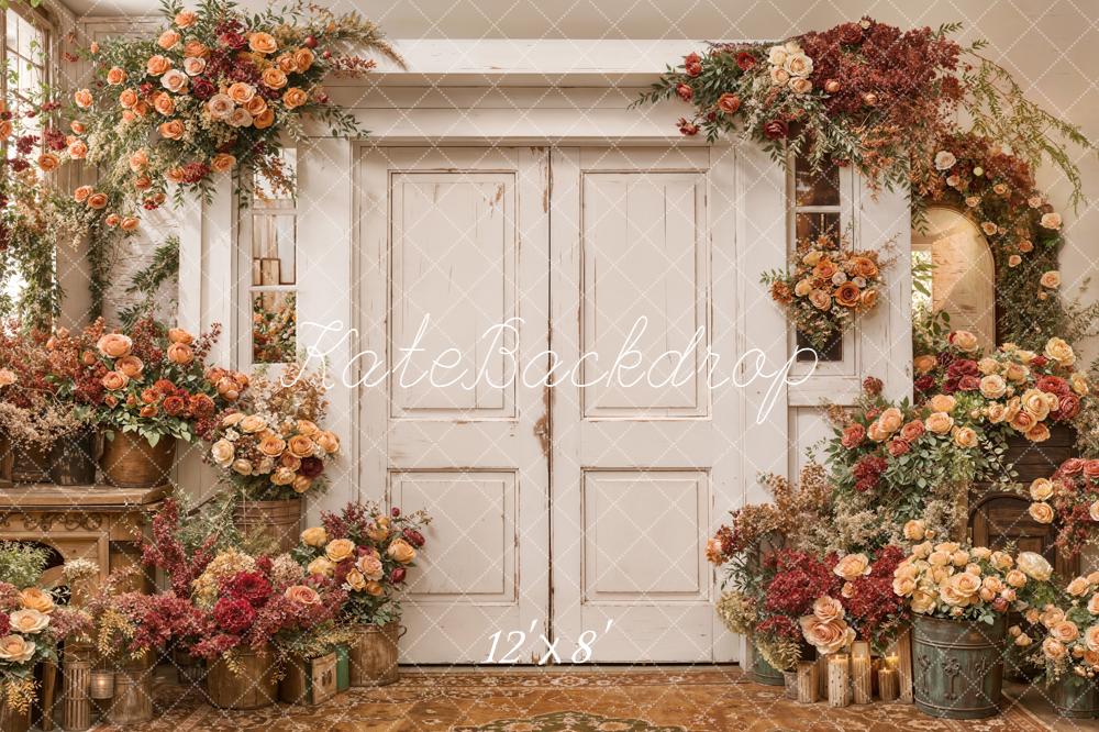 Kate Spring Flower Arch Vintage White Doors Peach and Red Roses Backdrop Designed by Emetselch