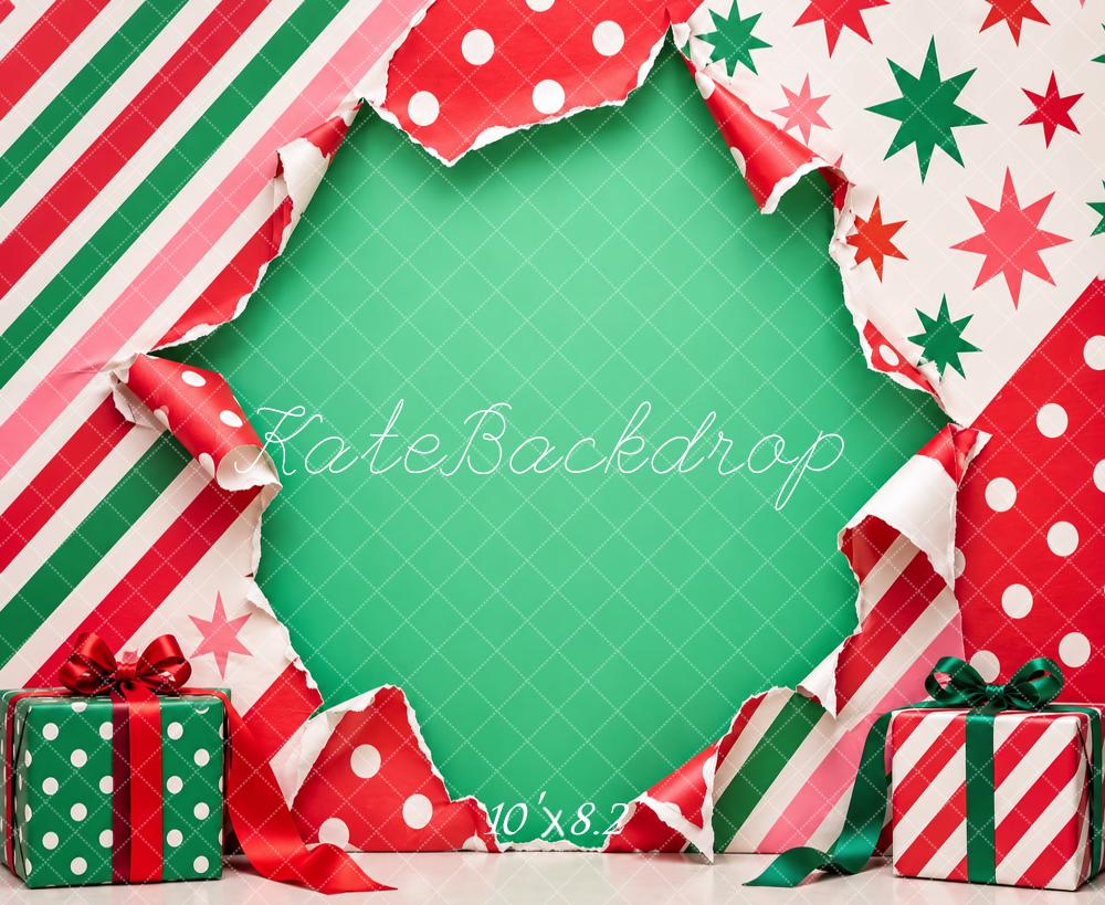 Kate Christmas Torn Wrapping Paper Gift Boxes Green Printed Backdrop Designed by Vertigo Productions