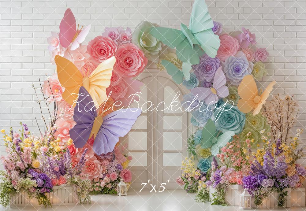 Kate Spring Butterfly Flower Arch Pastel Brick Wall Printed Backdrop Designed by Emetselch