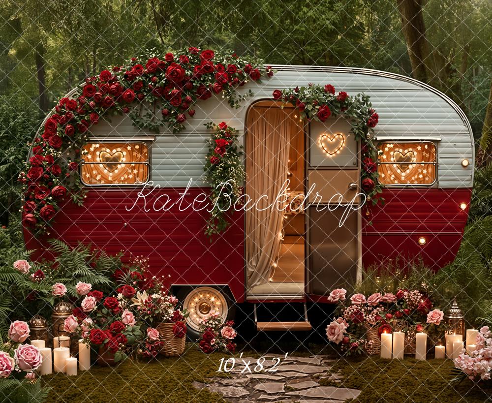 Kate Valentines Red Camper Floral Garland Candles Forest Backdrop Designed by Emetselch