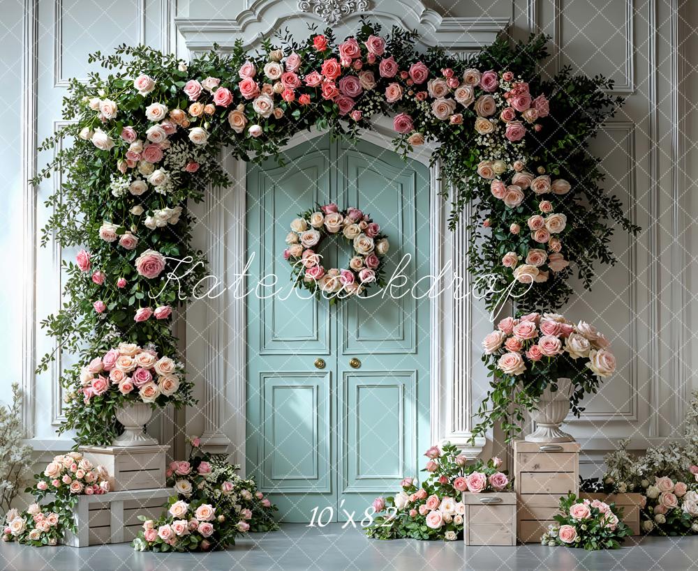 Kate Spring Flower Arch Mint Door Floral Crates Backdrop Designed by Mini MakeBelieve