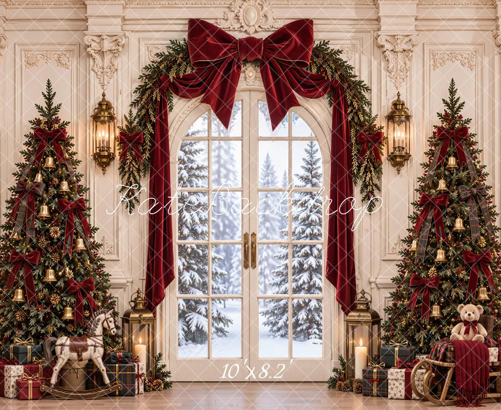 Kate Christmas Window Trees Garland Bow Printed Backdrop Designed by Emetselch