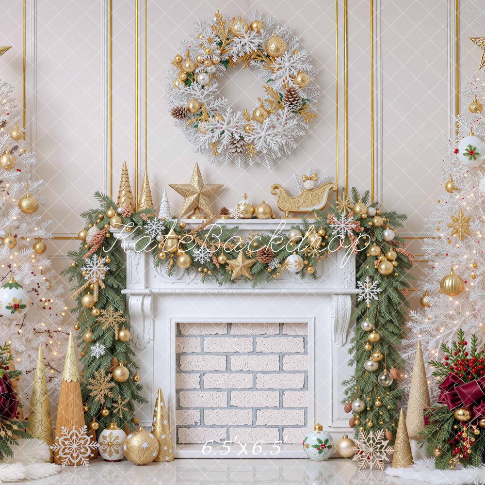 Kate Christmas White Trees Gold Fireplace Wreath Printed Backdrop Designed by Mini MakeBelieve