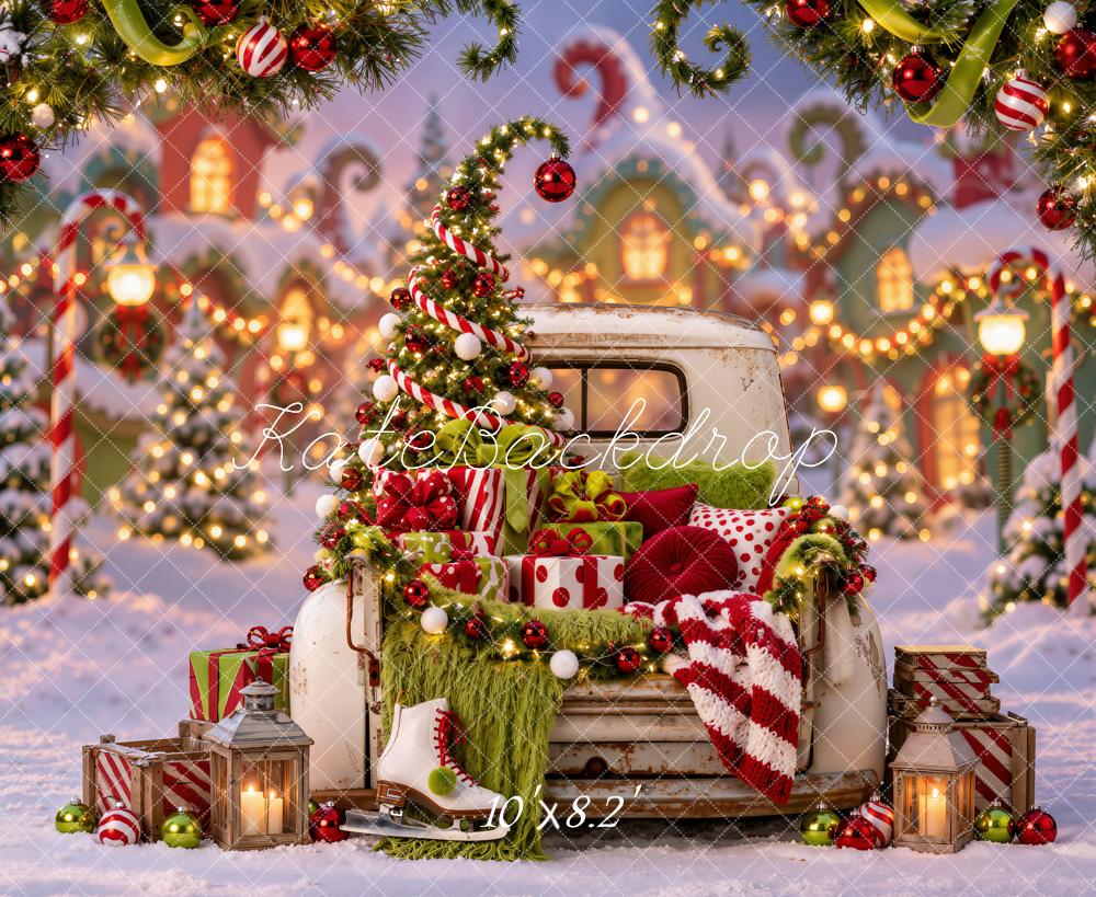 Kate Christmas Fantasy Truck Whoville Tree Gifts Ice Skates Printed Backdrop Designed by Emetselch