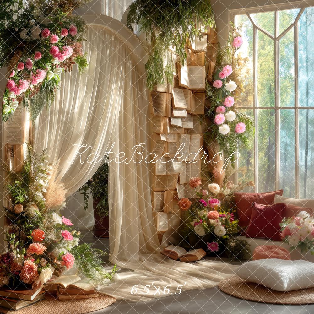 Arcos de flores con cortinas libros ventana acogedora fondo de luz