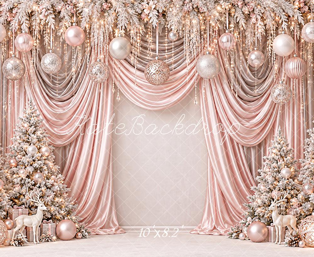 Kate Christmas Rose Gold Drapes Hanging Ornament Trees Luxury Printed Backdrop Designed by Angela Miller