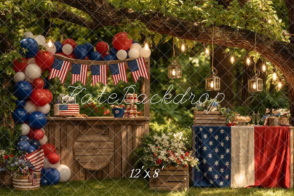 Kate 4th of July Patriotic Outdoor Balloons American Flags Rustic Table Printed Backdrop Designed by Emetselch