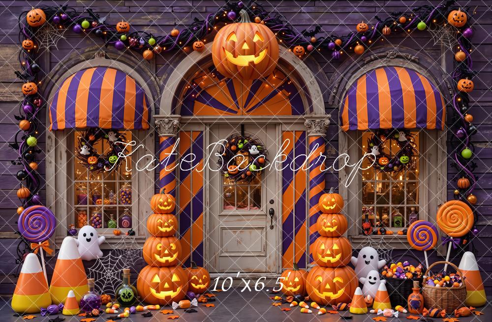 Kate Halloween Shop Pumpkins Porch Candy Trick Or Treat Printed Backdrop Designed by Emetselch