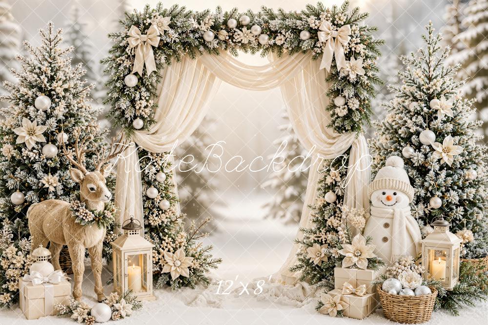 Kate Christmas Trees Floral Arch Reindeer Snowman Snowy Printed Backdrop Designed by Emetselch