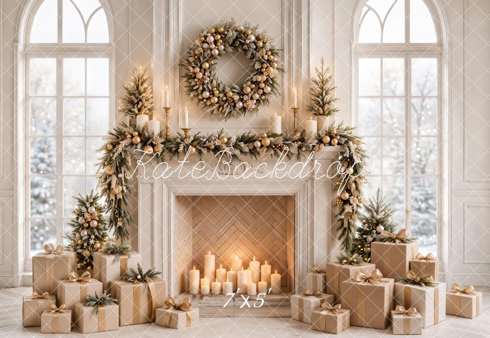 Kate Christmas Fireplace Wreath Garland Gifts White Window Printed Backdrop Designed by Emetselch