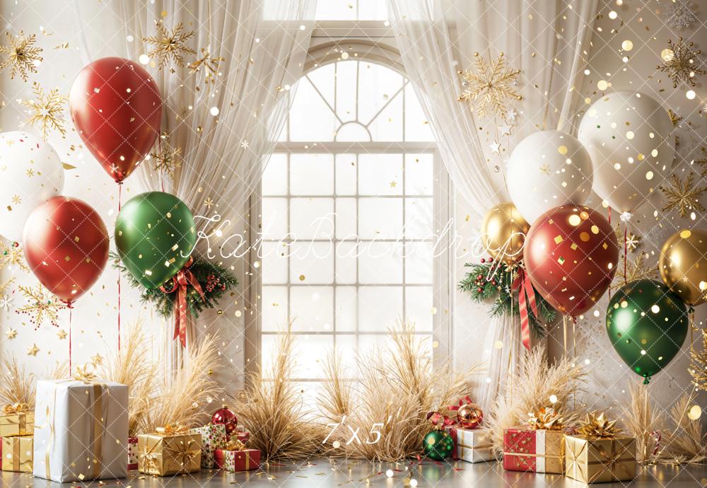 Fondo de Ventana Arqueada Navideña Rojo Verde con Globos y Regalos diseñado por Emetselch